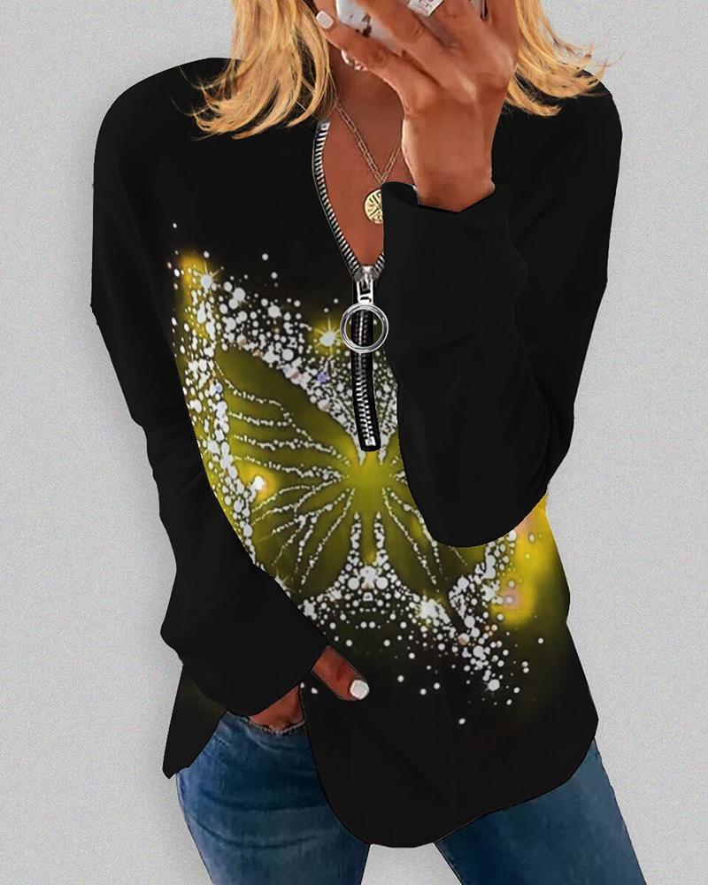 

Butterfly Print Zipper Design Top, Light yellow