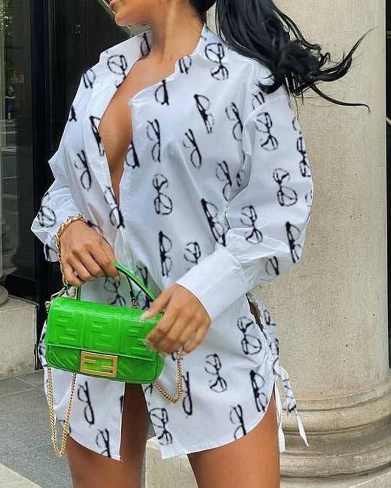 

Allover Glasses Print Cutout Drawstring Ruched Shirt Dress, White