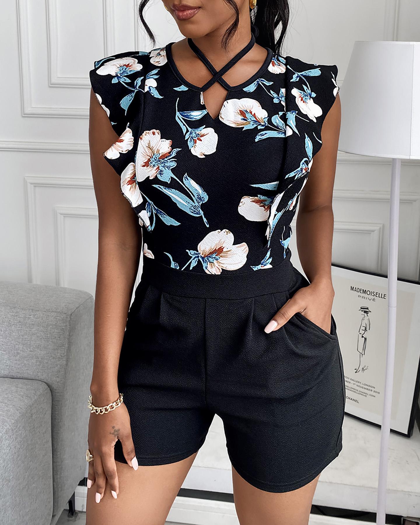 

Floral Print Ruffles Pocket Design Romper, Multicolor