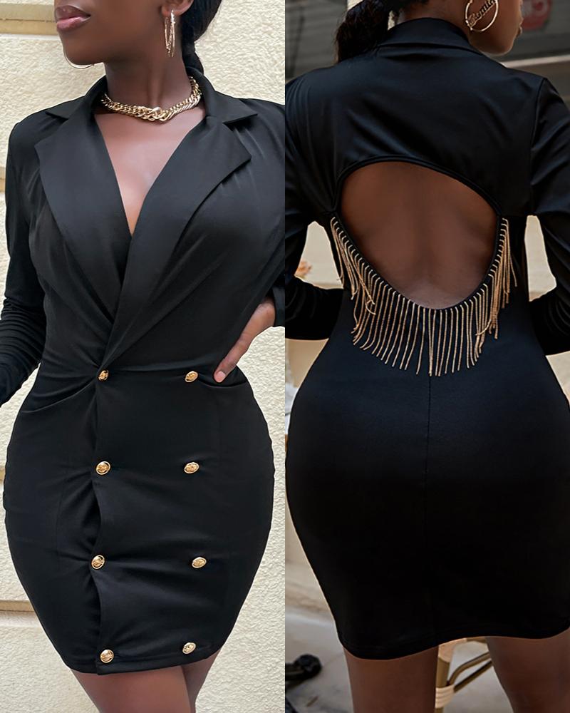 

Tassel Decor Open Back Long Sleeve Dress, Black