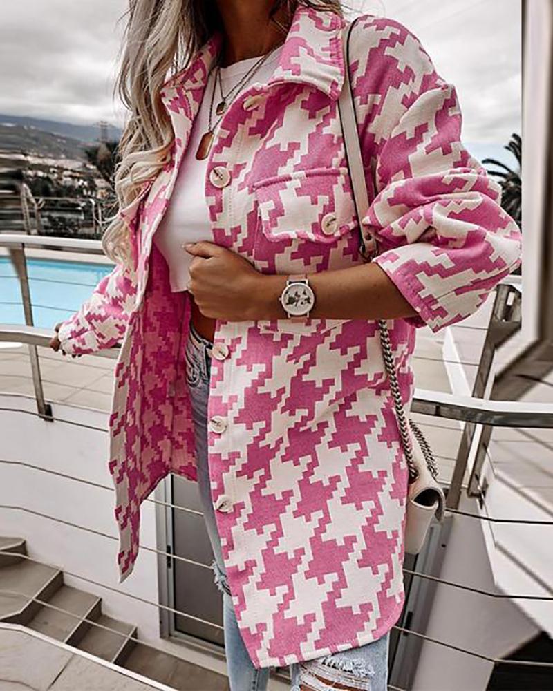

Long Sleeve Houndstooth Print Buttoned Pocket Design Shacket, Hot pink