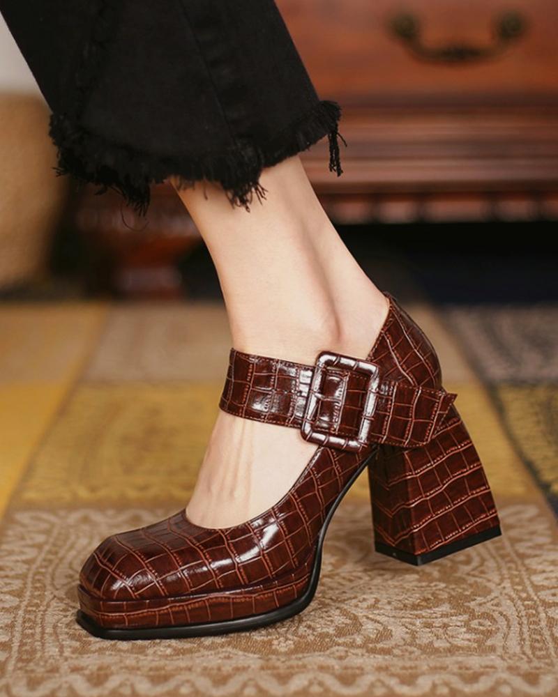 

Square Toe Buckled Croc Embossed Chunky Mary Jane, Brown