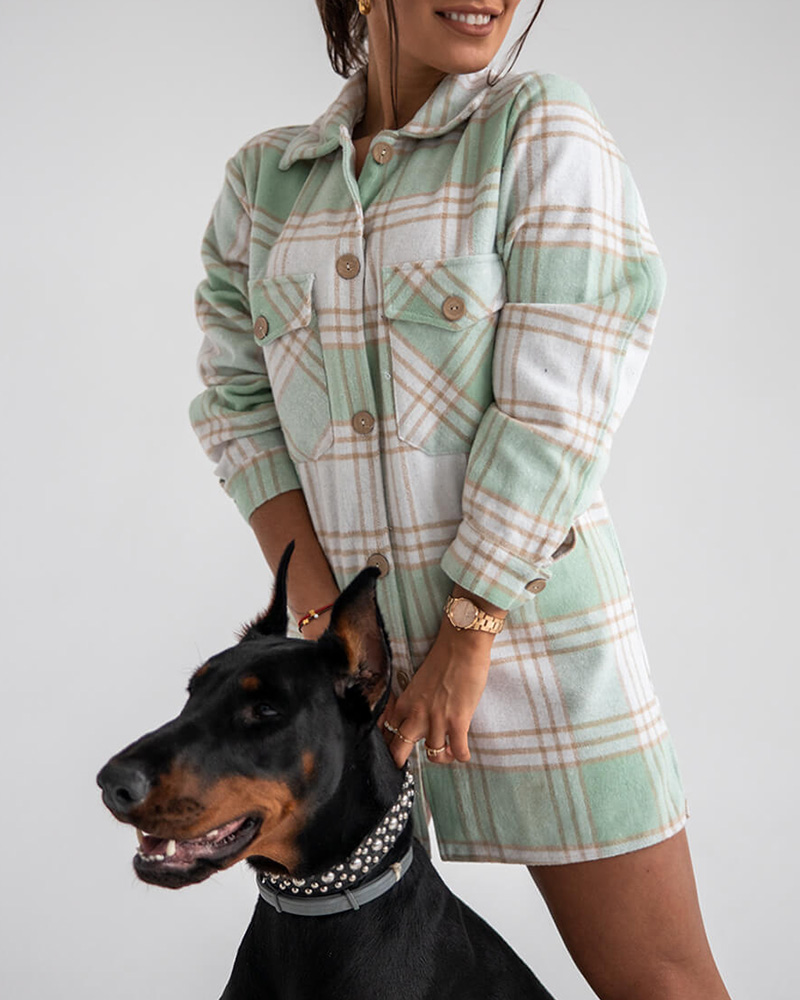 

Plaid Print Buttoned Pocket Design Shacket, Green