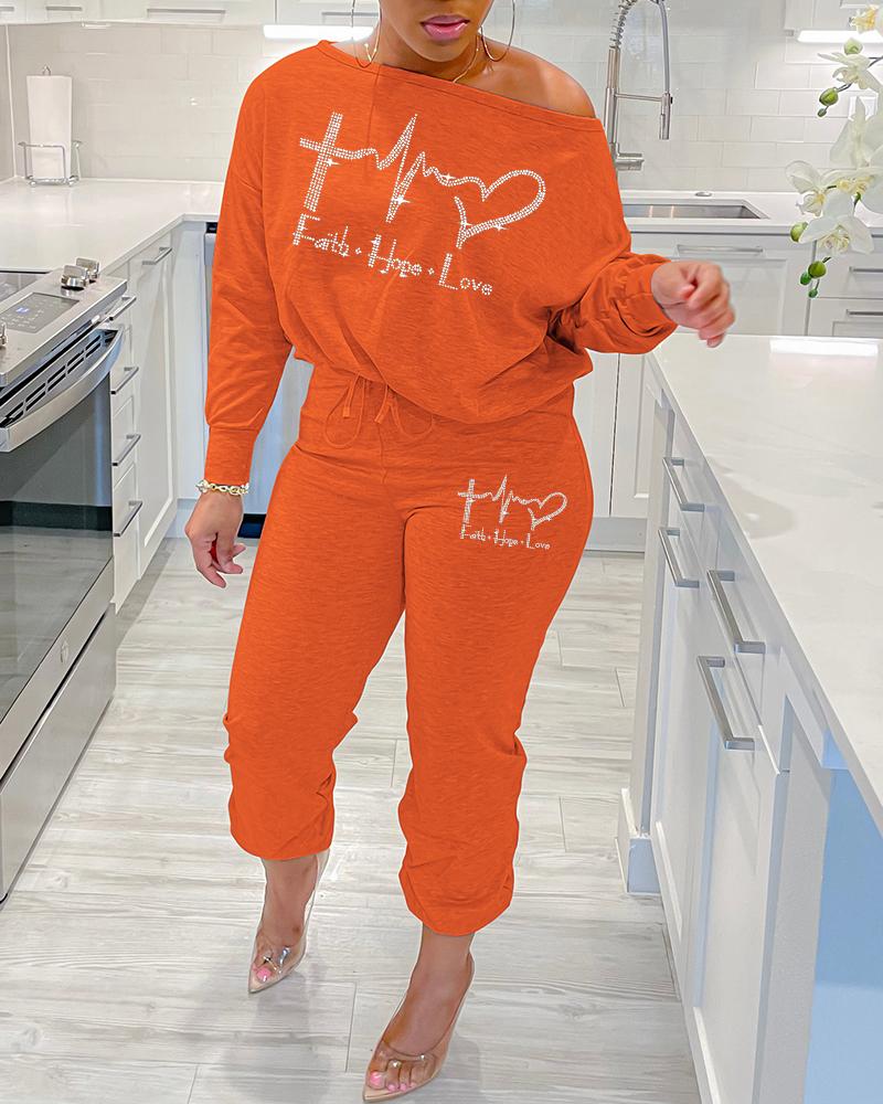 

Plus Size Rhinestone Faith Hope Love Heart Pattern Top & Pants Set, Orange