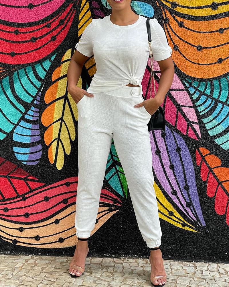 

Short Sleeve Top & Pocket Button Design Pants Set, White