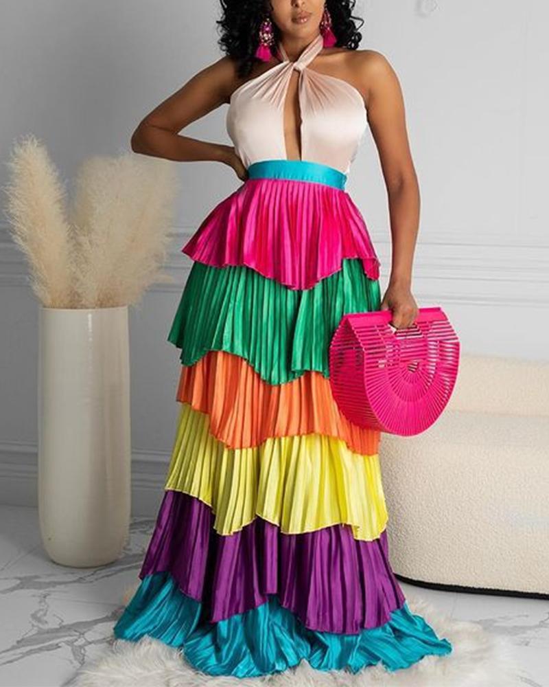 

Color Block Cut-out Halter Sleeveless Layered Maxi Dress, Multicolor