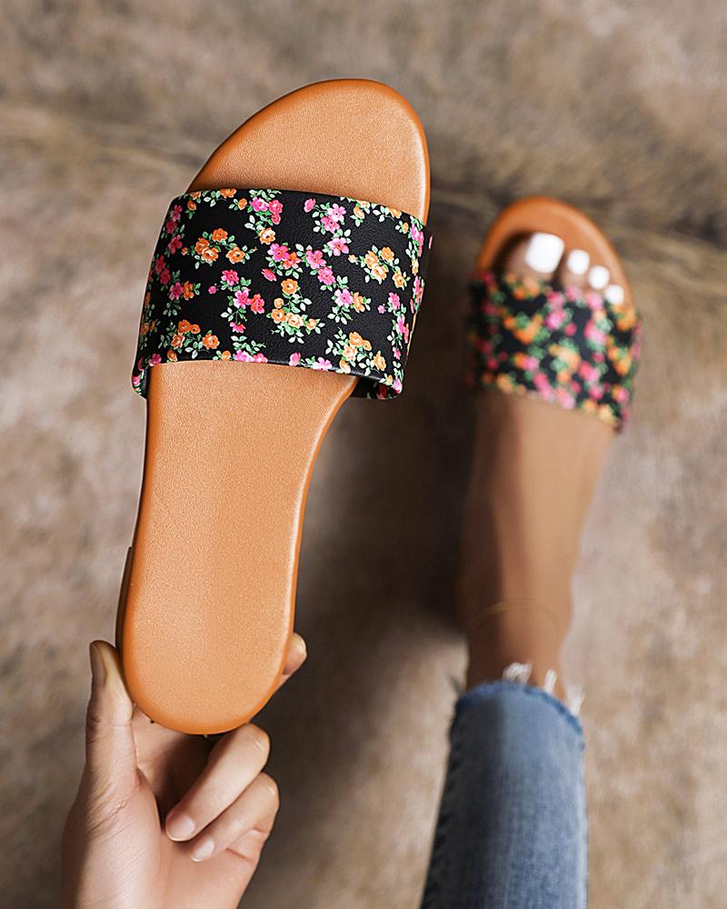 

Floral Print Open-toe Round-toe Flat Sandals, Black