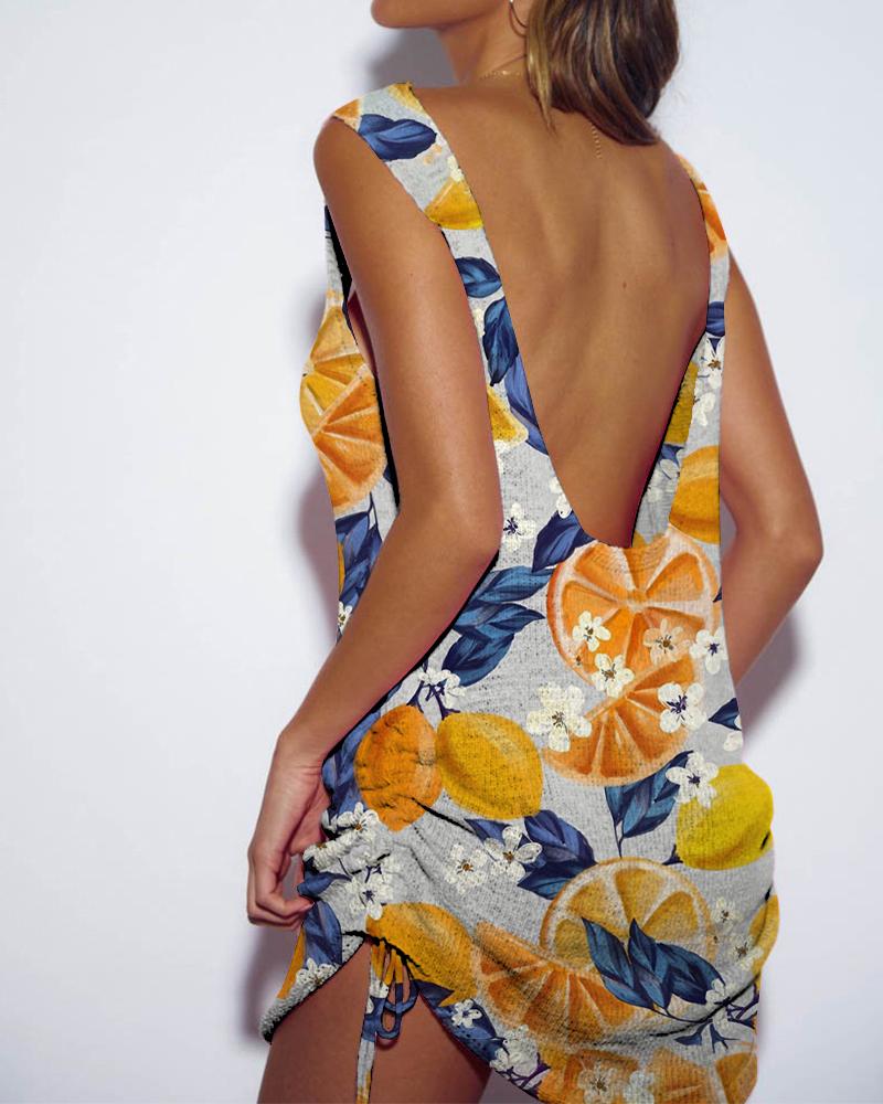 

Fruit Print Strap Ruched Loose Mini Dress, Multicolor