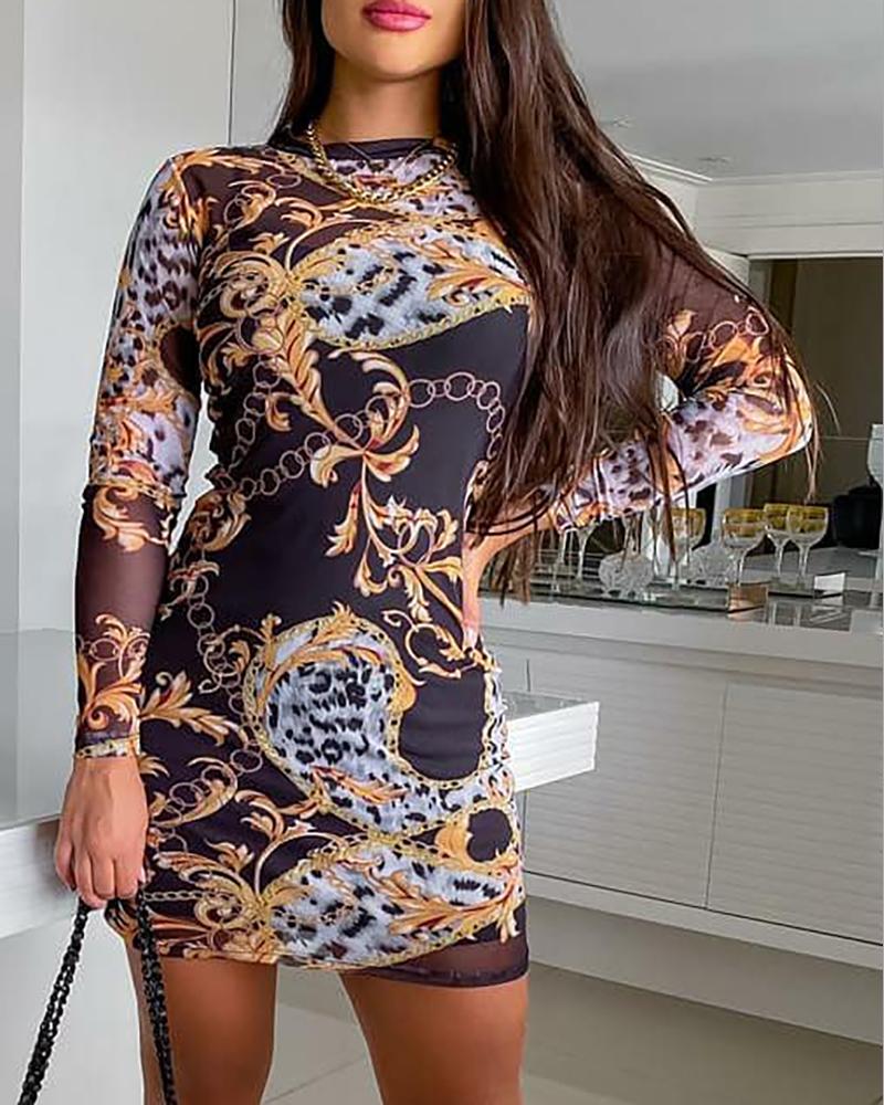 

Scarf Print Long Sleeve Bodycon Dress, Multicolor