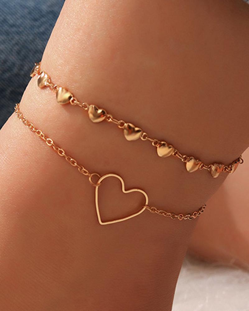 

2pcs Heart Stackable Beach Chain Anklets Set, Gold