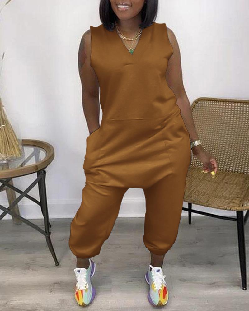 

Sleeveless Pocket Design V-Neck Jumpsuit, Brown