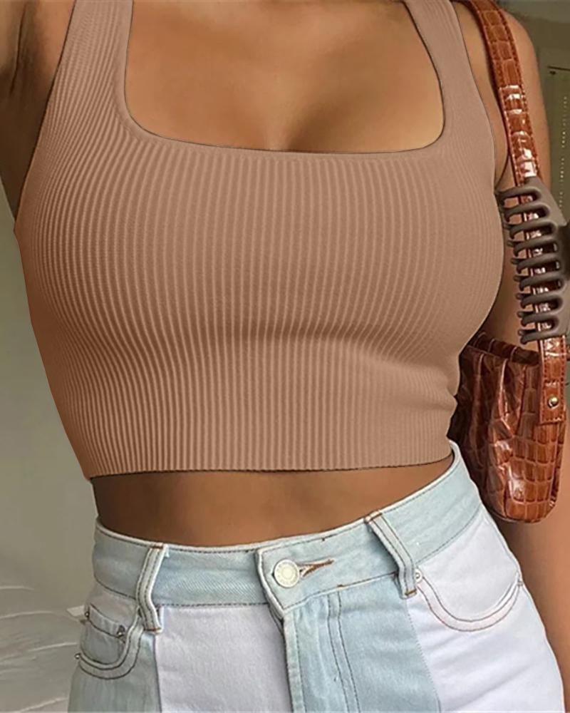 

Thick Strap Square Neck Knit Crop Top, Khaki