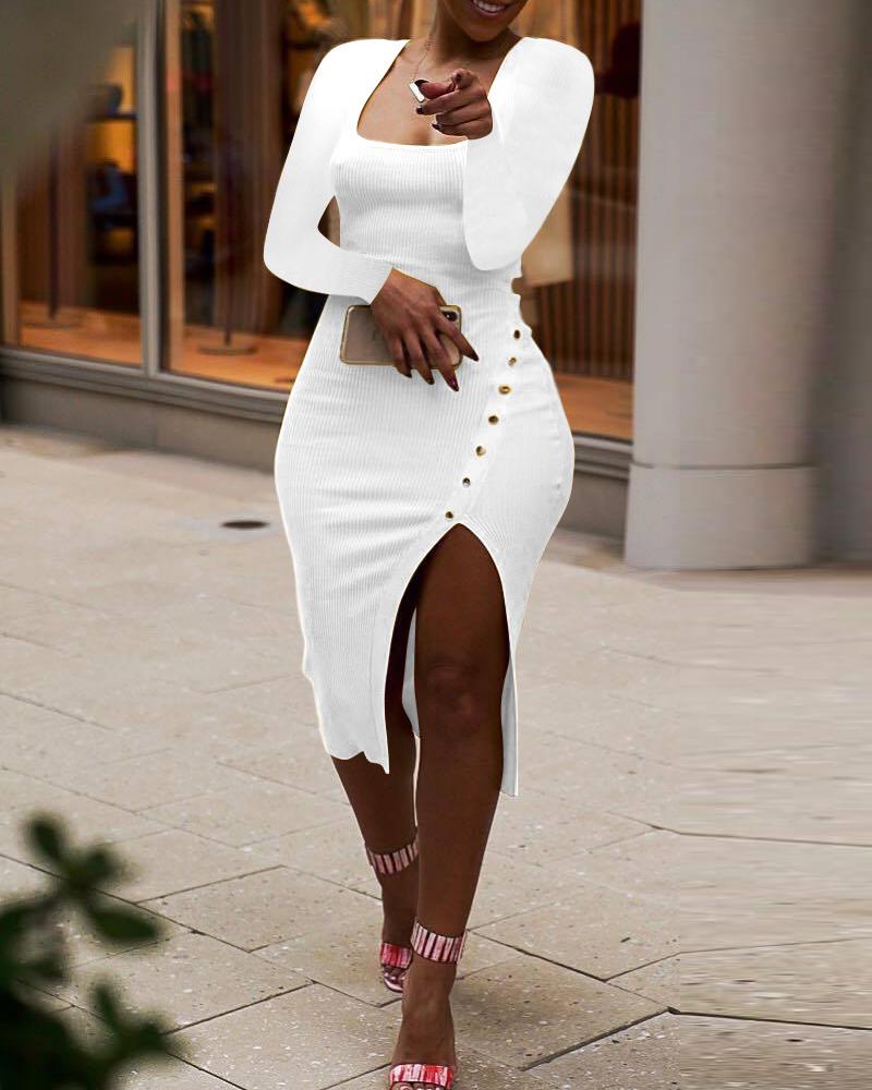 

Ribbed Square Neck Split Thigh Bodycon Dress, White