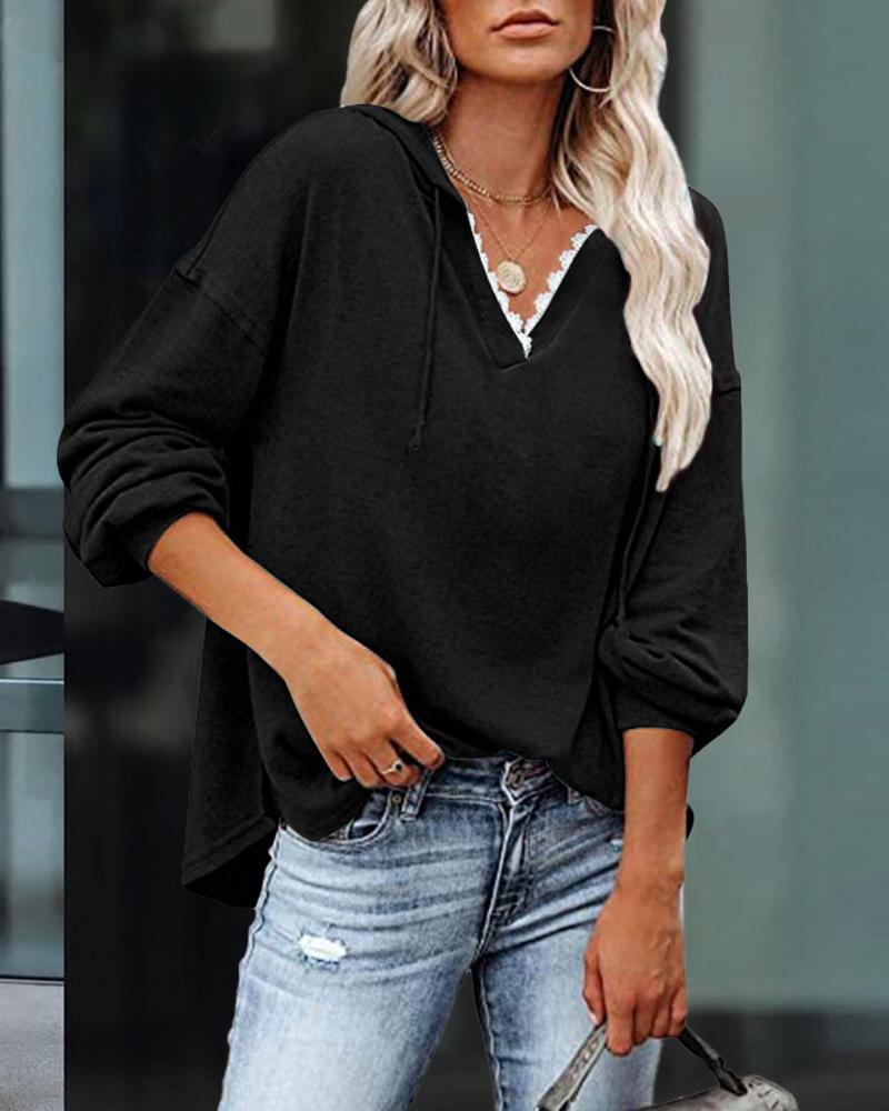 

Contrast Lace Drawstring Hooded Long Sleeve Top, Black