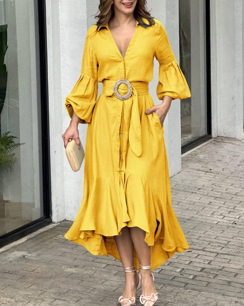 

Lantern Sleeve Ruffle Hem Pocket Design Maxi Dress, Yellow