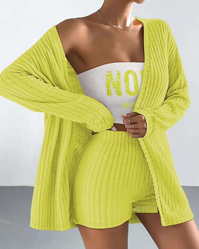 

Nope Not Today Print Bandeau Crop Top & Ribbed Shorts Set With Cardigan, Yellow