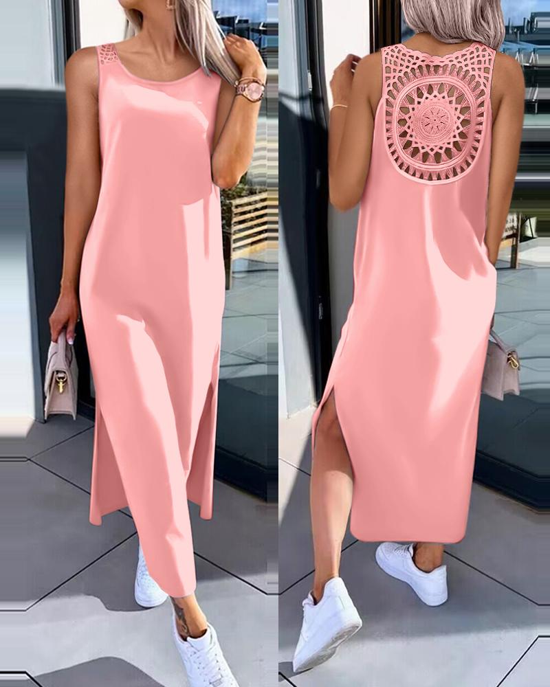 

Sleeveless Hollow-out Lace Side Slit SummerTank Dress, Pink