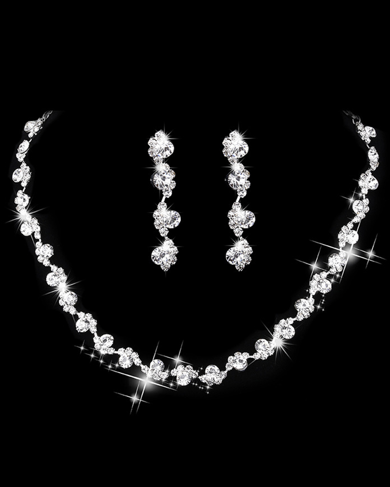 

2PCS Rhinestone Wave Chain Necklace & Stud Drop Earrings Evening Party Wedding Jewelry Set, White