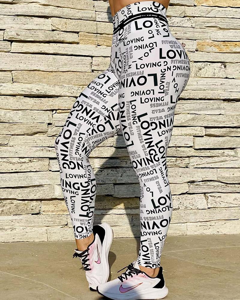 

Letter Print High Waist Tummy Control Butt Lift Leggings, White