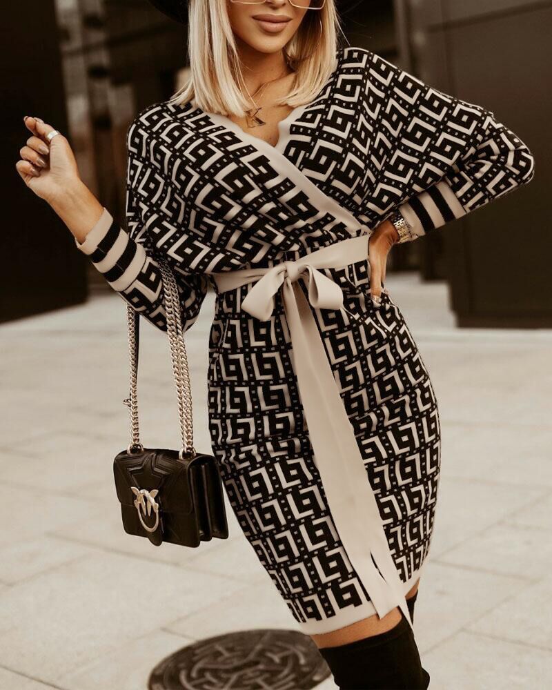 Geo Print Long Sleeve Tied Detail Bodycon Dress