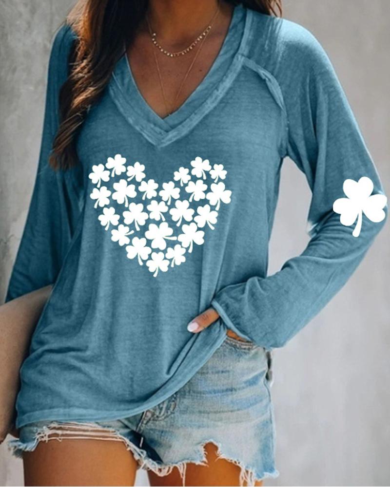 

St. Patrick's Day Clover Heart Print Long Sleeve Top, Blue
