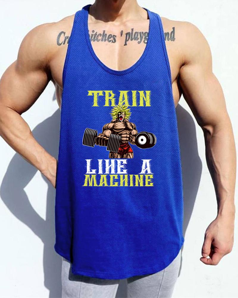 

Cartoon Muscle Saiyan Print & Letter Print Sleeveless Tank, Blue