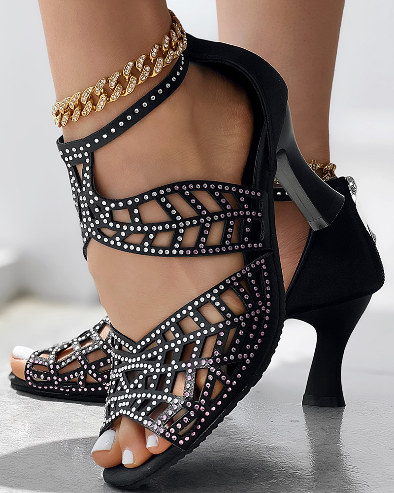 Zip Back Rhinestone Cutout Peep Toe Dance Heels