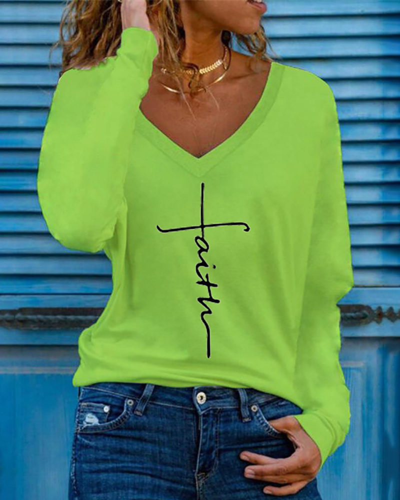 

Letter Print Long Sleeve V-Neck Top, Green