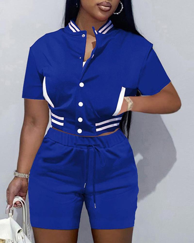 

Contrast Paneled Crop Top & Drawstring Shorts Set, Blue