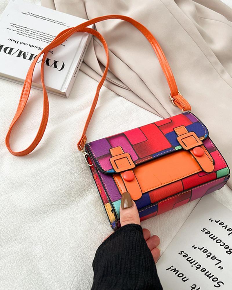 

Geometric Print Colorblock Magnet Flap Crossbody Bag, Orange