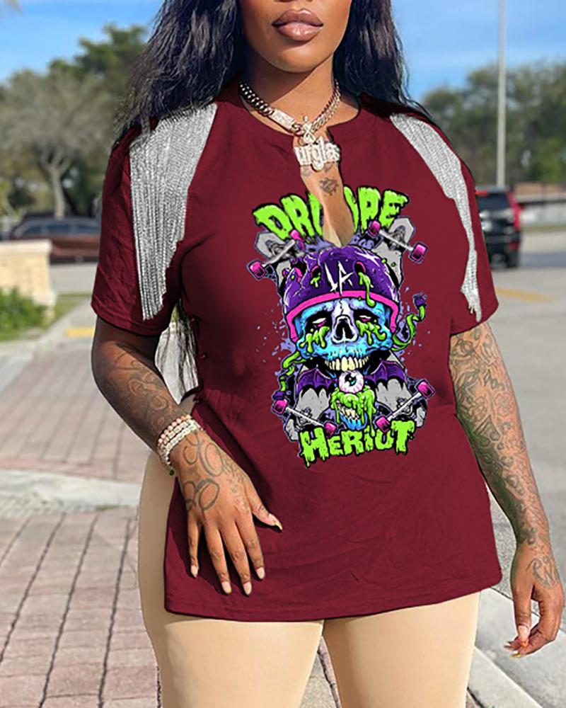 

Side Slit Tassel Cartoon Letter Print T-shirt, Wine red