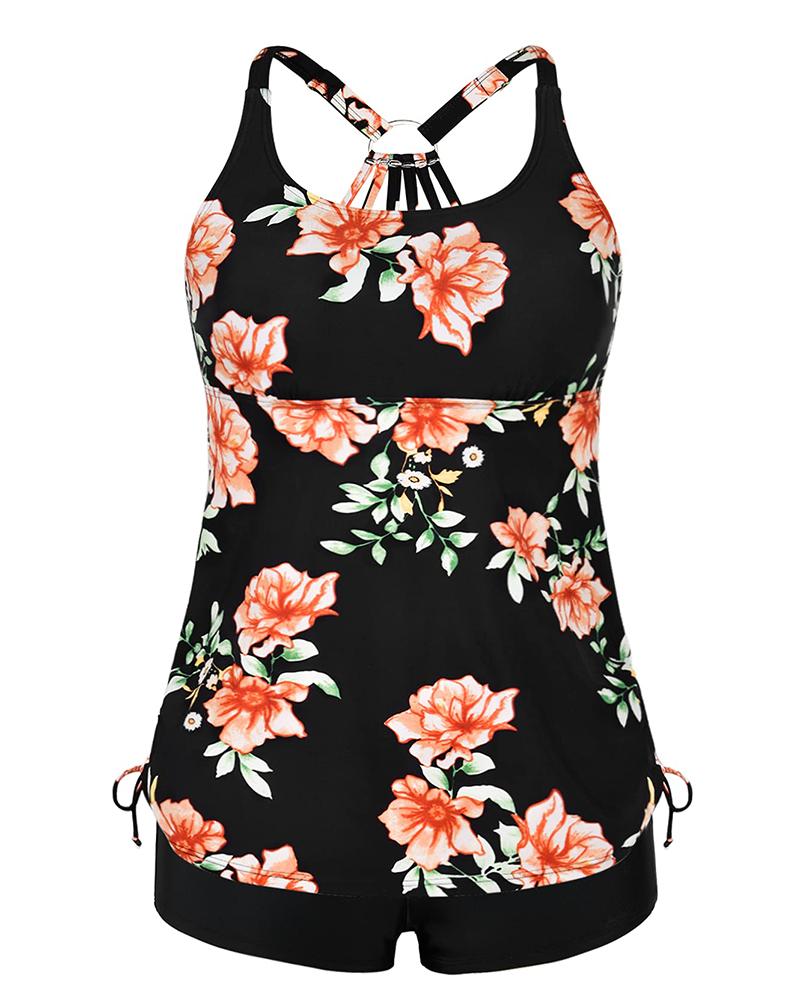 

Plus Size Tropical Print Tied Detail Tankini Set, Black