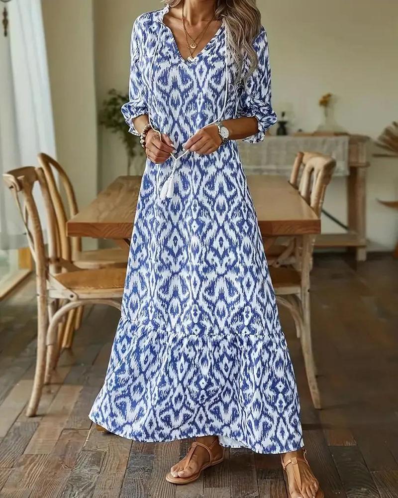 

Tie Dye Print Notch Neck Tassel Design Dress, Blue
