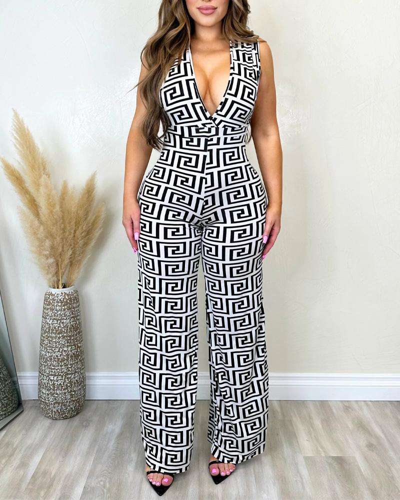 

Geometric Print Plunge Sleeveless Jumpsuit, White