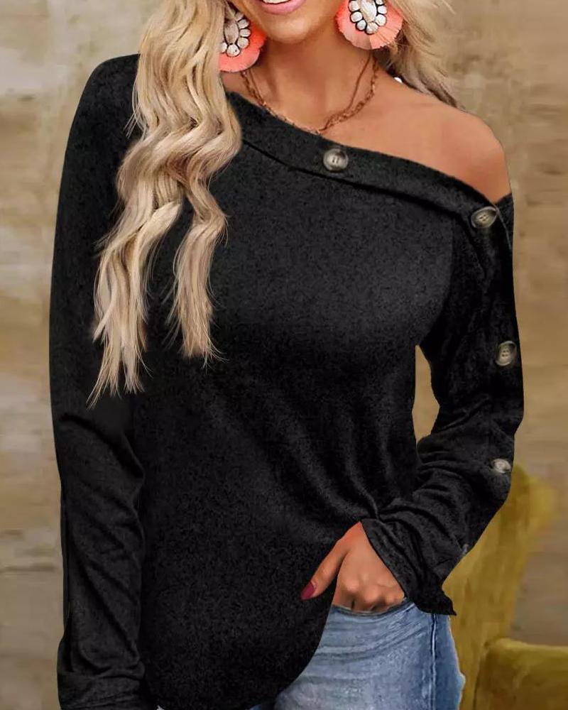 

Button Decor Long Sleeve Top, Black
