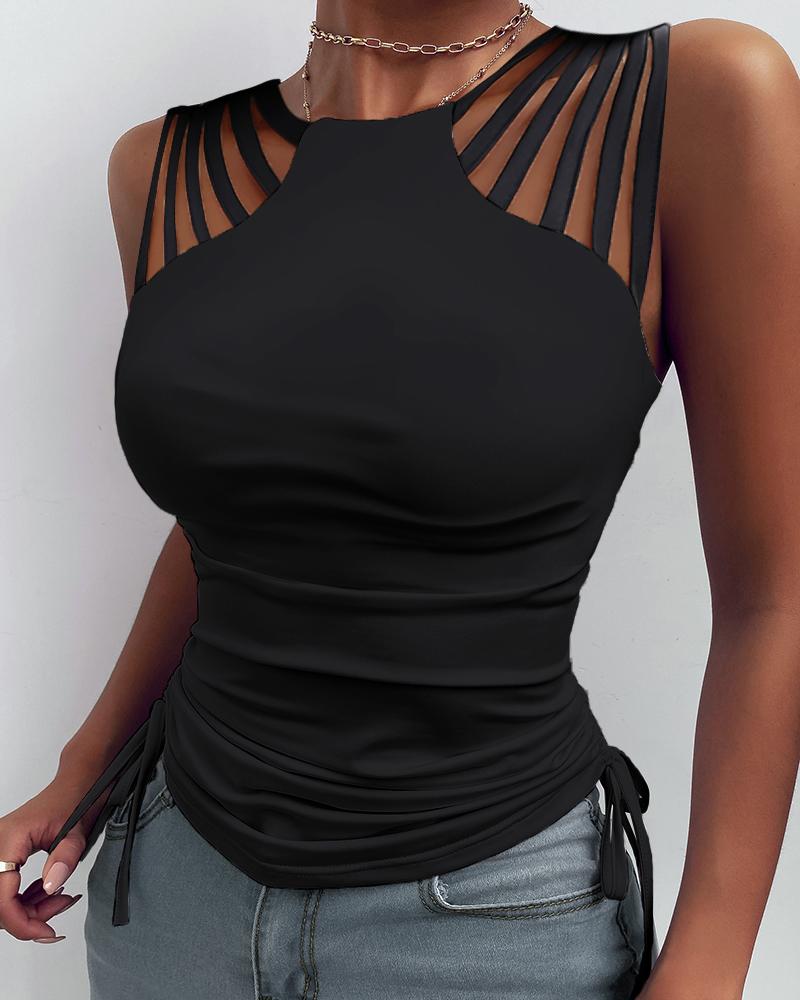 

Hollow-out Shoulder Pleated Pleated Drawstring Blouse, Black