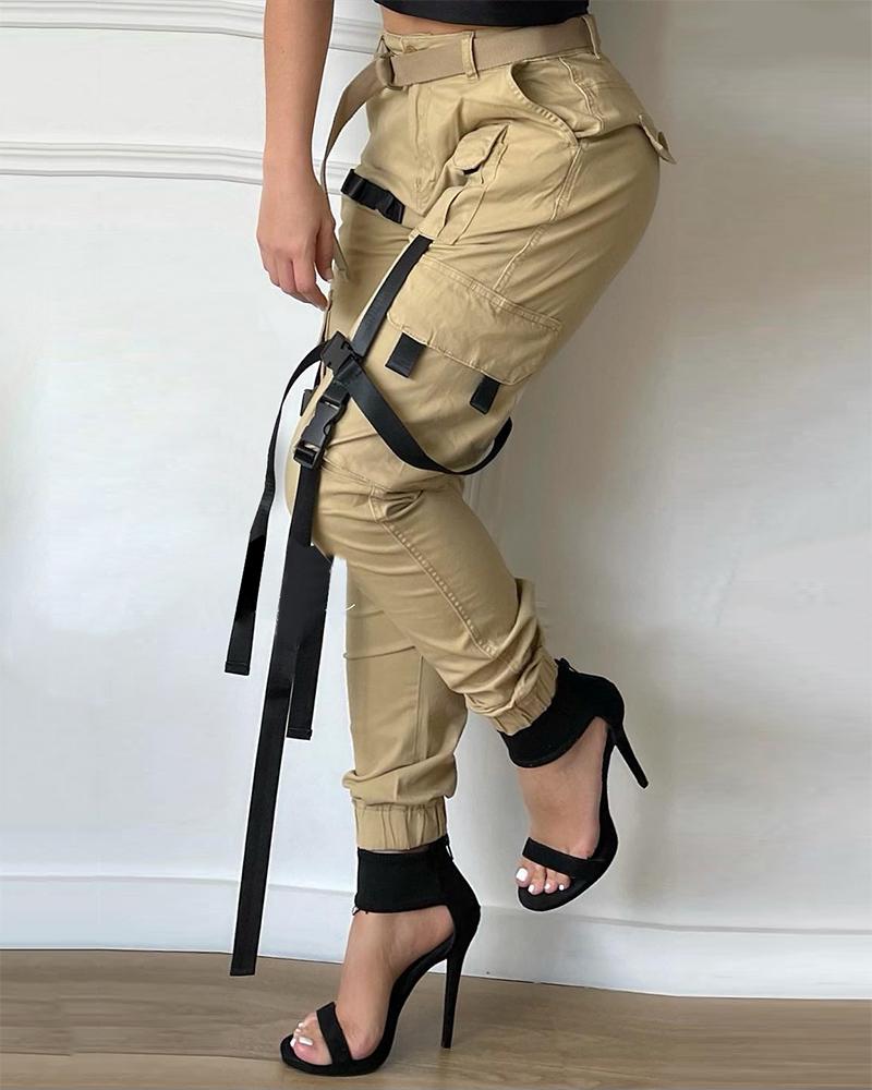 

Pocket Decor Tape Casual Cargo Pants, Khaki