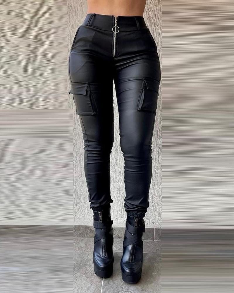 

High Waist Zipper Pocket Design PU Leather Pants, Black