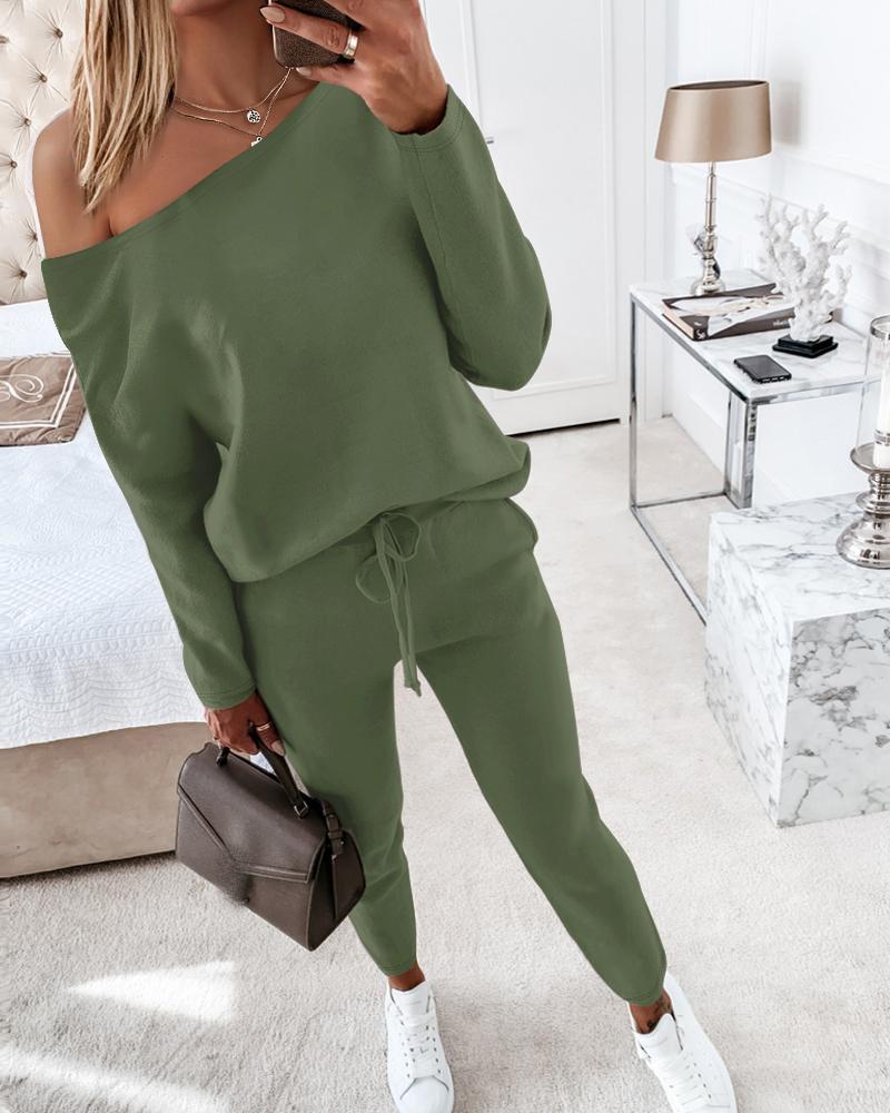 

Conjunto de 2 piezas para estar en casa, jersey de manga larga con cuello oblicuo, pantalones con cintura elástica, conjunto de chándal, Green