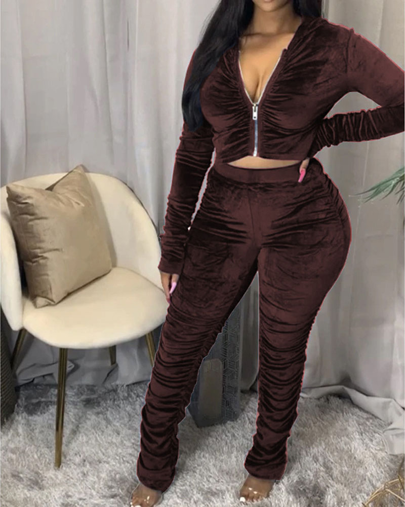 

Ruched Long Sleeve Zip Up Hooded Top & Pants Set, Coffee