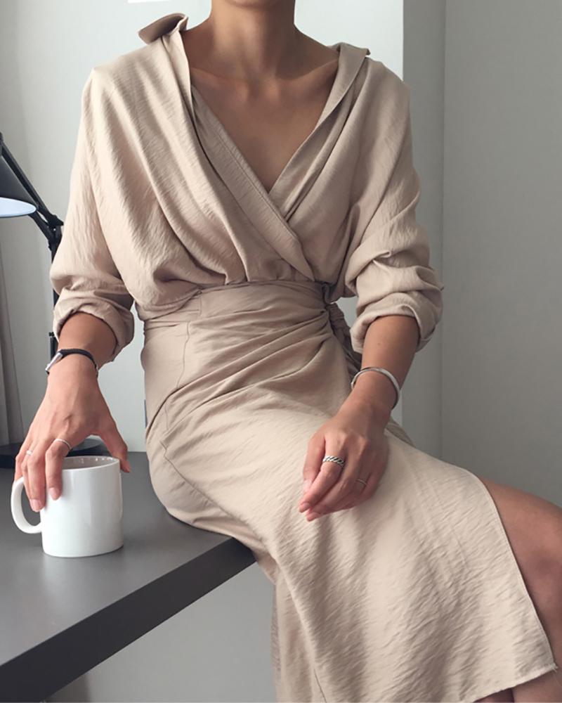

Long Sleeve High Slit Tied Detail Dress, Beige