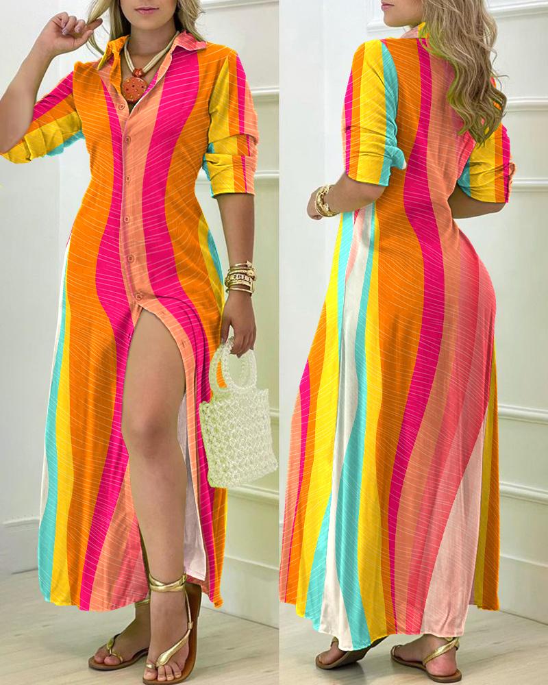 

Striped Long Sleeve Buttoned Shirt Dress, Multicolor