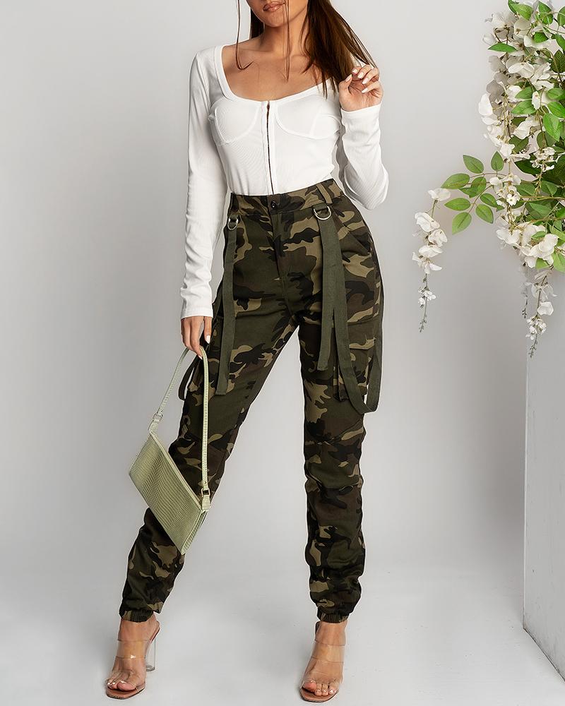 

Camouflage Print Pocket Design High Waist Cargo Pants, Green