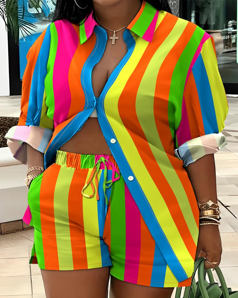 

Plus Size Rainbow Stripe Print Shirt & Drawstring Shorts Set, Multicolor