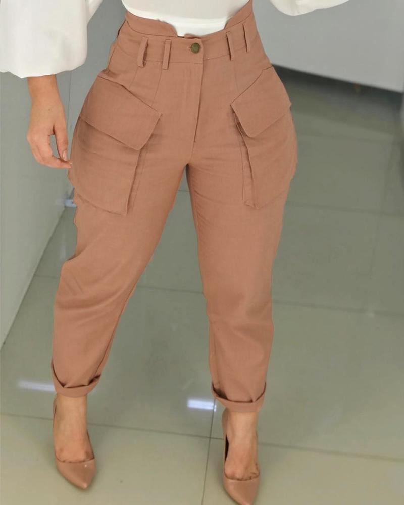 

High Waist Pocket Design Cargo Casual Pants, Khaki