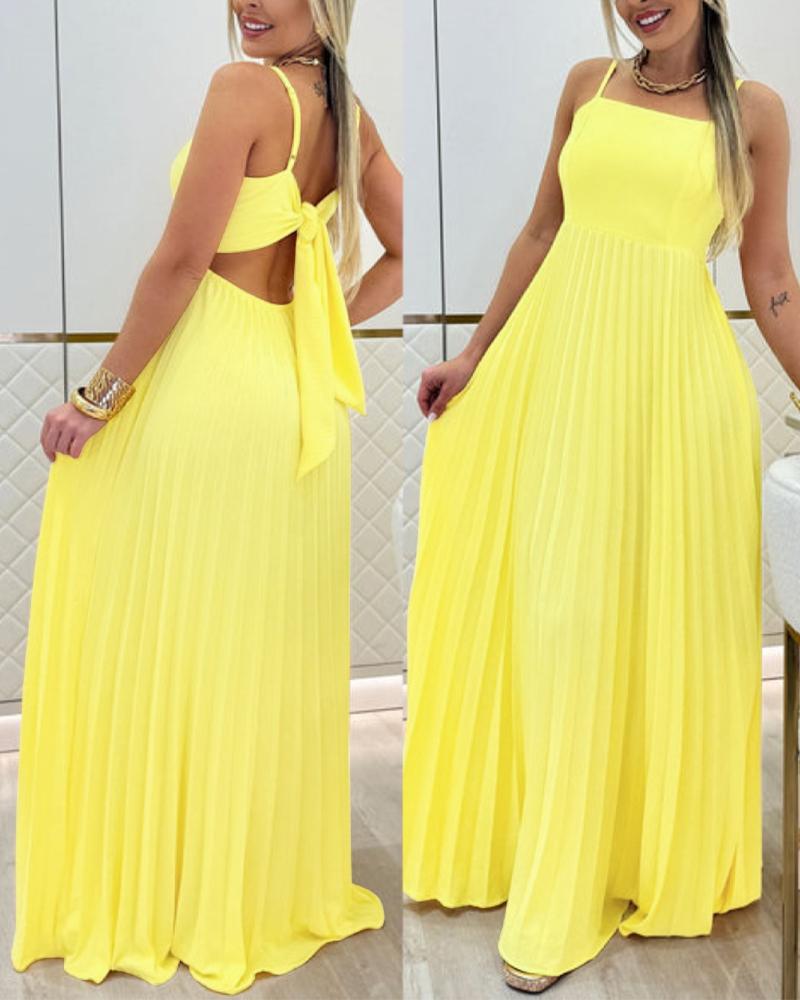 

Robe longue plissée à bretelles spaghetti et col carré avec détails noués au dos Robe longue fluide décontractée, Yellow
