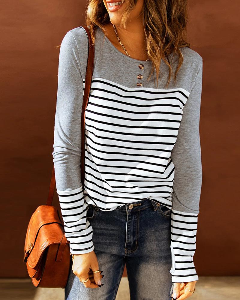 

Button Decor Striped Colorblock Top, Gray