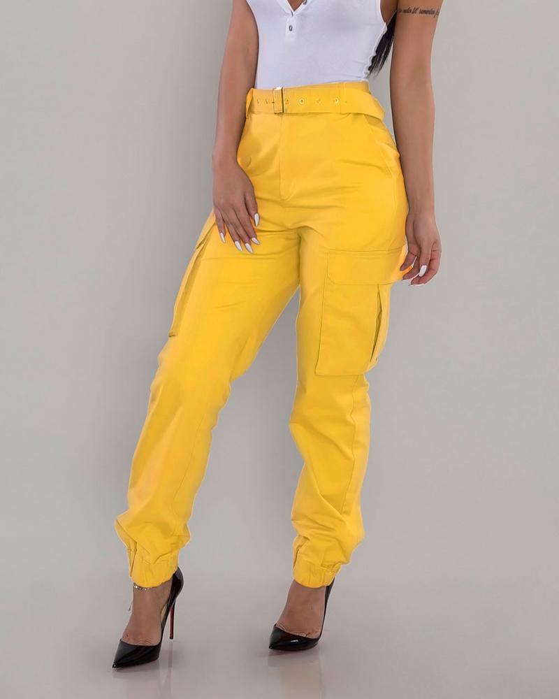 

Zipper Fly Flap Pocket Cargo Pants, Yellow