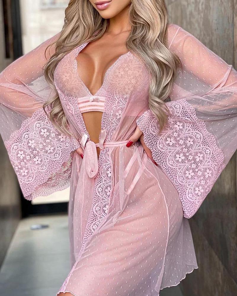 

Sheer Mesh Floral Lace Bra Set With Long Sleeve Robe, Pink