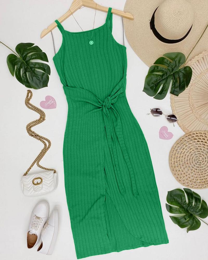 

Tied Detail Sleeveless Slit Dress, Light green